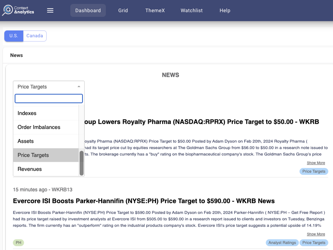 "Price Targets" classification to exclusively stream articles relevant to that topic